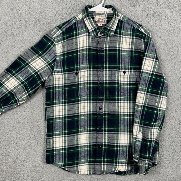 J Crew Shirt Flannel Button Up Mens Medium Blue Green Plaid Classic Fit Pockets